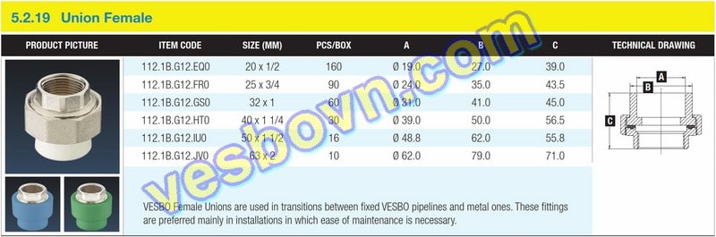Hình ảnh thông số kỹ thuật của Rắc co ren trong PPR Vesbo