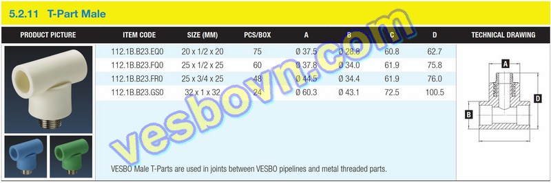 Hình ảnh thông số kỹ thuật của Tê ren ngoài PPR Vesbo